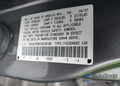 2007 Acura Tl Type S z USA, uszkodzony, nr VIN 19UUA76587A035188